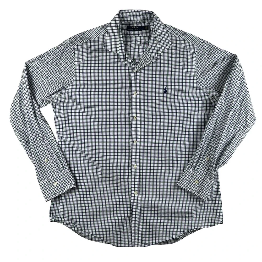 Polo Ralph Lauren Shirt Mens Large Blue Green Check Long Sleeve Button Down